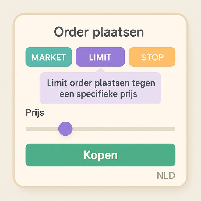 Beginnervriendelijke trading-interface met knoppen Market, Limit en Stop en uitlegtooltips.