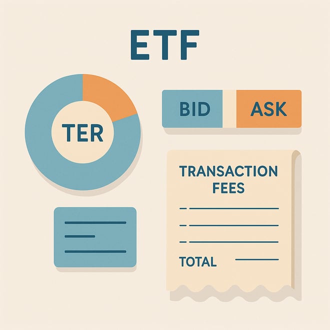 Flat-lay met TER-cirkelgrafiek, bid-ask spread visualisatie en bonnetje voor transactiekosten.