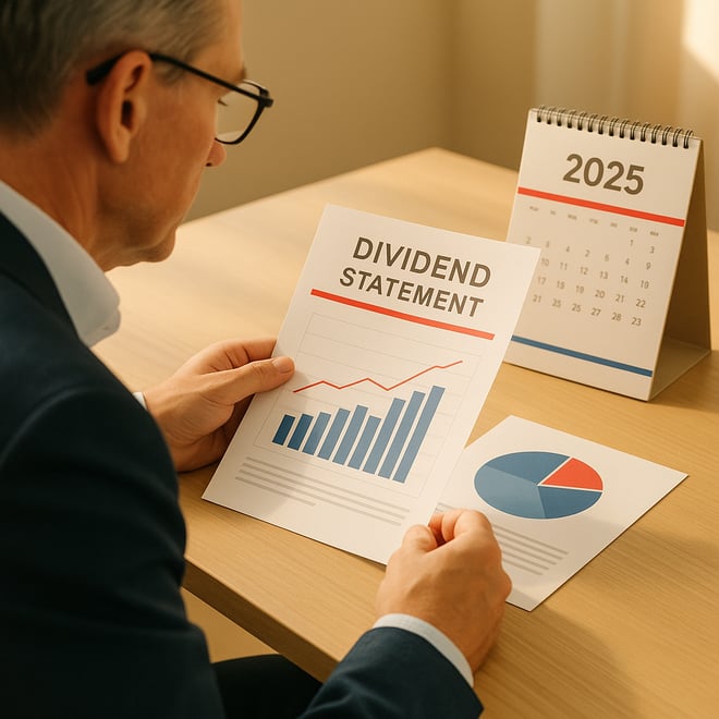 Nederlandse belegger bekijkt dividendoverzicht met kalender 2025 en grafieken op een modern bureau.
