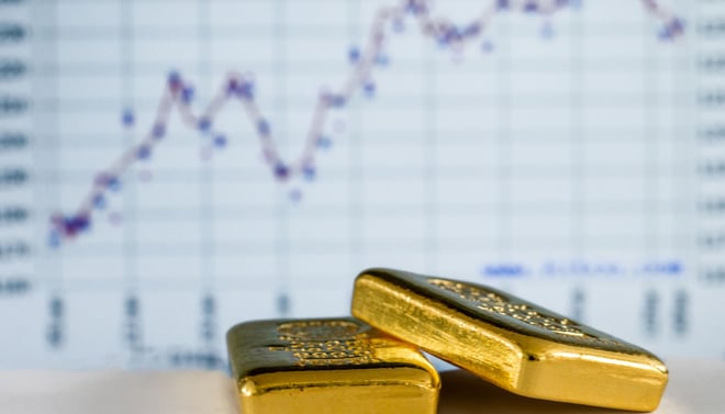 gold bars in front of a chart