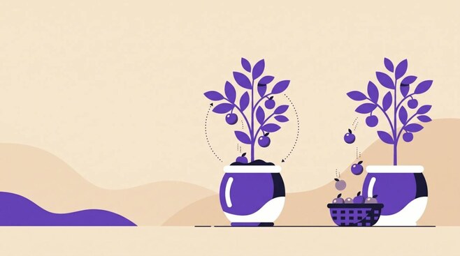Illustratie van twee planten, een waarvan het fruit terugvalt in de grond en een met een mandje, als beeld voor herbeleggen of uitkeren