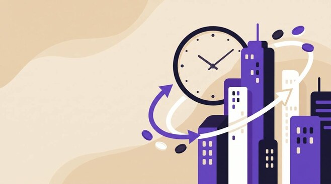 Illustratie van een skyline met wolkenkrabbers, een klok en wisselpijlen, als beeld voor Amerikaanse aandelen