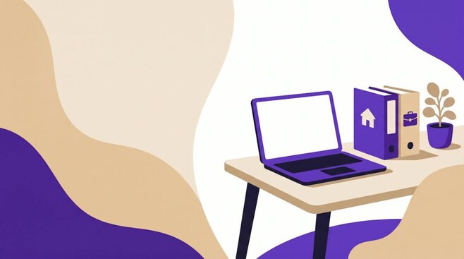 Illustratie van een bureau met twee mappen, een met een huisje en een met een koffertje, als beeld voor privé of zakelijk