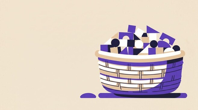 Illustratie van een mand met veel kleine blokjes, als beeld voor een ETF met veel bedrijven