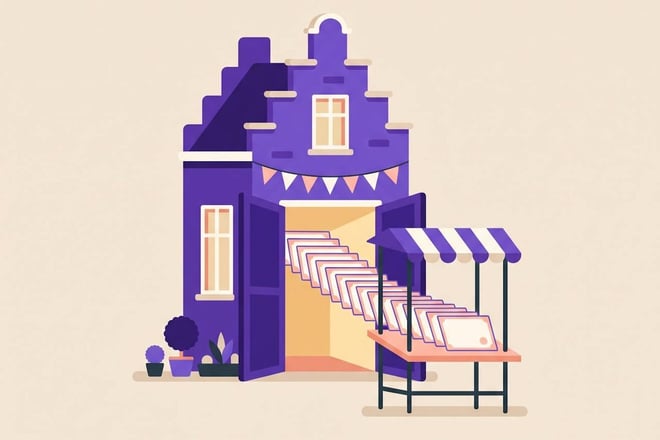 Illustratie van een bedrijfspand met open deur waaruit aandelenbewijzen naar een marktkraam gaan, als beeld voor een beursgang