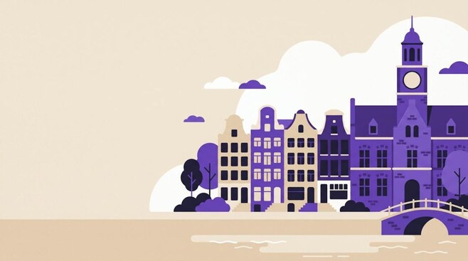 Illustratie van grachtenpanden en een bakstenen beursgebouw met klokkentoren, als beeld voor beurslocaties in Amsterdam