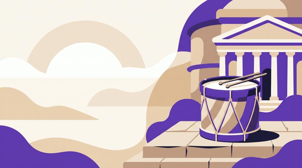 Illustratie van een trommel met stokken voor een klassiek gebouw, als beeld voor het beurstrommelen