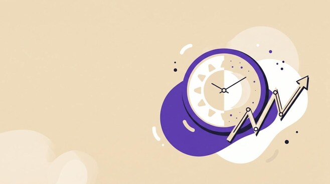 Illustratie van een klok met zon en maan naast een grillige grafiek, als beeld voor daytraden