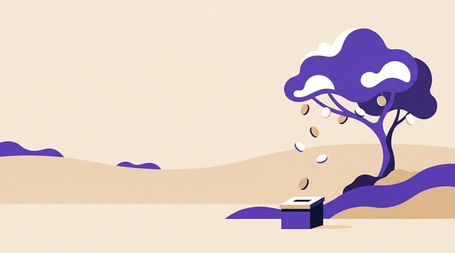 Illustratie van een boom waar munten uit vallen en één munt in een apart bakje, als beeld voor dividendbelasting