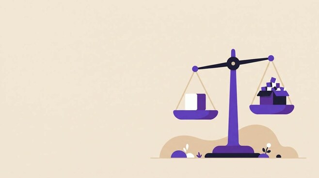 Illustratie van een weegschaal met één blok tegenover een doos met veel blokjes, als beeld voor aandeel of ETF