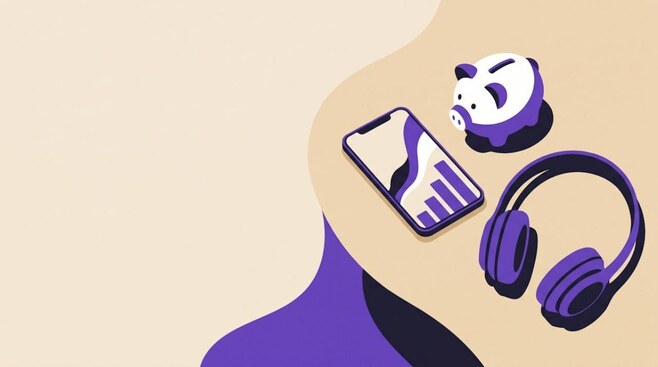 Illustratie van een smartphone naast een spaarvarken en een koptelefoon, als beeld voor jongeren en geld