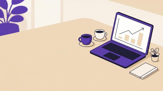 Illustratie van twee koffiekopjes naast een laptop met een grafiek, als beeld voor samen over beleggen praten