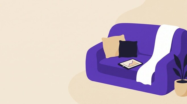 Illustratie van een bank met kussens en een tablet met een grafiek, als beeld voor beleggen in huis