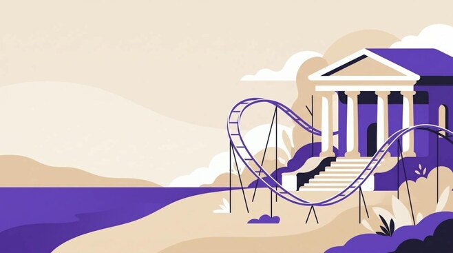 Illustratie van een achtbaan voor een gebouw met zuilen, als beeld voor hoogte- en dieptepunten van de beurs