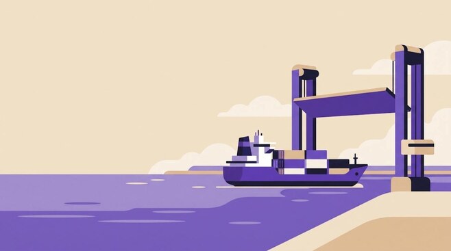 Illustratie van een vrachtschip met containers bij een slagboom, als beeld voor importheffingen