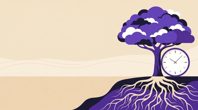 Illustratie van een grote boom naast een klok, als beeld voor beleggen voor de lange termijn