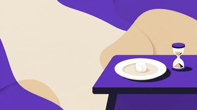 Illustratie van een marshmallow op een bord naast een zandloper, als beeld voor geduld