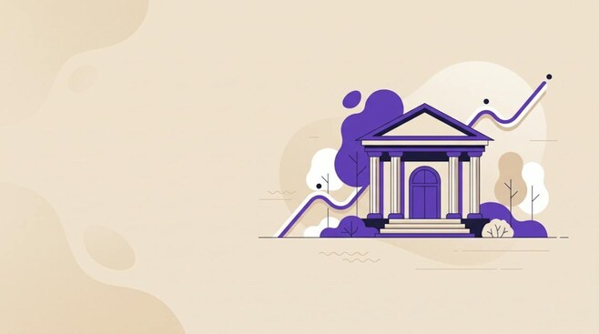 Illustratie van een gebouw met zuilen naast een grafiek, als beeld voor politiek en de beurs