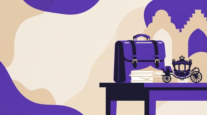 Illustratie van een koffertje met papieren en een koets, als beeld voor Prinsjesdag