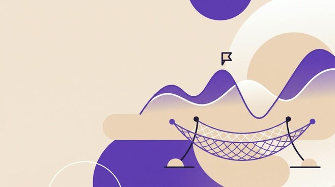 Illustratie van een grafiek met een vlag erboven en een vangnet eronder, als beeld voor winst nemen en verlies beperken