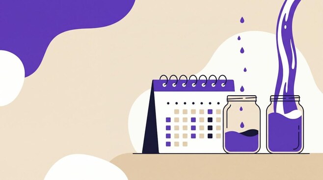 Illustratie van een kalender en twee potten, een die druppelsgewijs en een die in een keer gevuld wordt, als beeld voor spreiden in de tijd