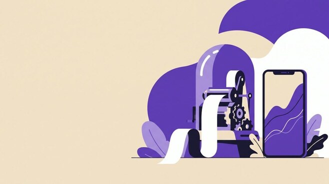 Illustratie van een oude koersmachine naast een smartphone, als beeld voor technologie op de beurs