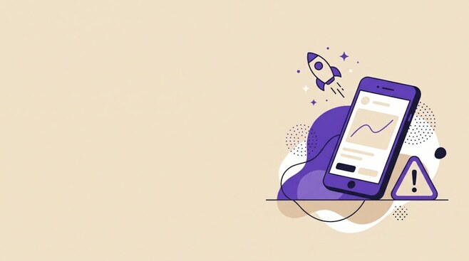 Illustratie van een smartphone met een raketje en een waarschuwingsdriehoek, als beeld voor beloftes op sociale media