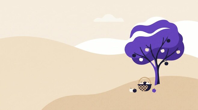 Illustratie van een fruitboom met een mand appels, als beeld voor winst nemen