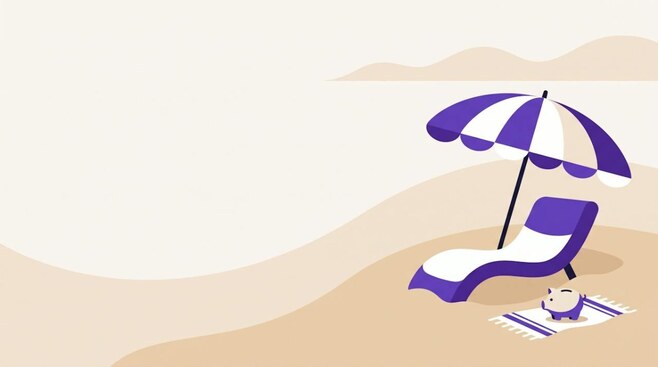 Illustratie van een strandstoel met parasol en een spaarvarken, als beeld voor vakantiegeld
